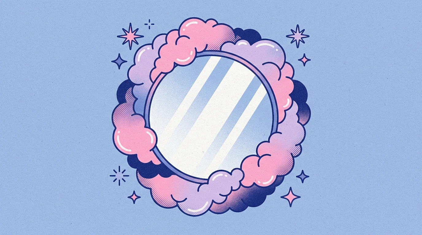 A colorful Risograph illustration of a mirror framed in thick, cloud-like expanding foam.
