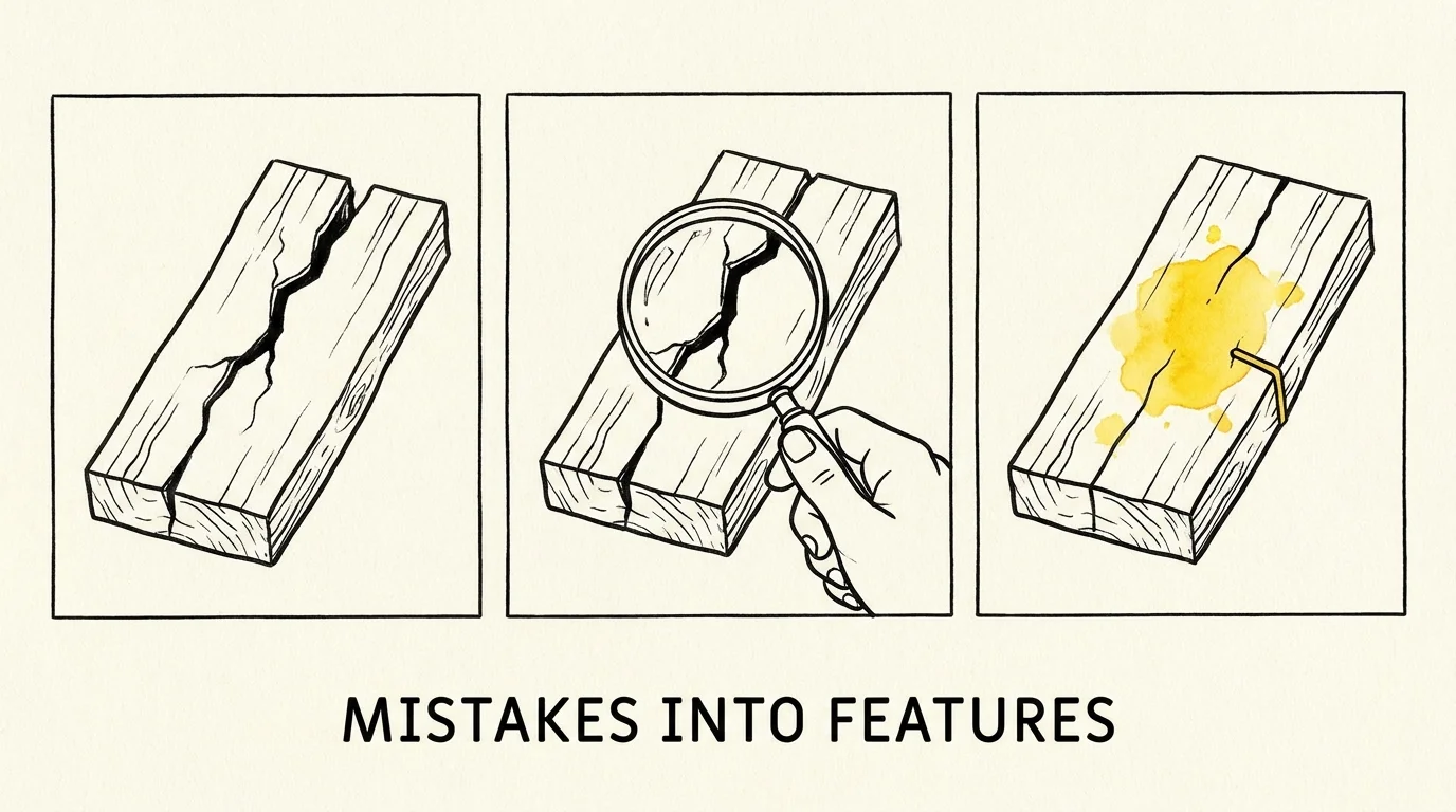 A conceptual illustration showing a crack in wood being repaired with a beautiful gold join.