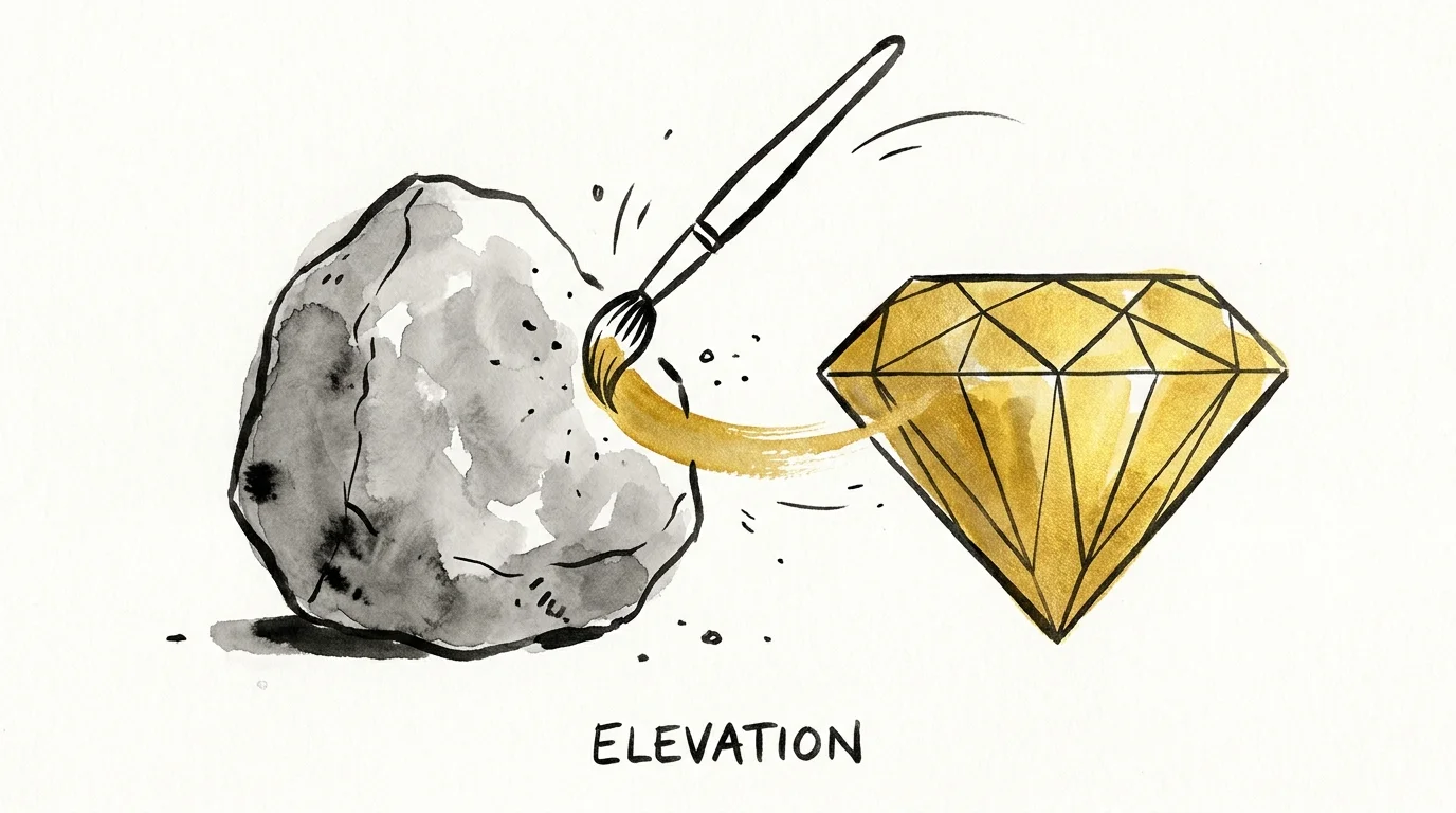 A conceptual illustration showing a rough stone being polished into a shining gold gem.