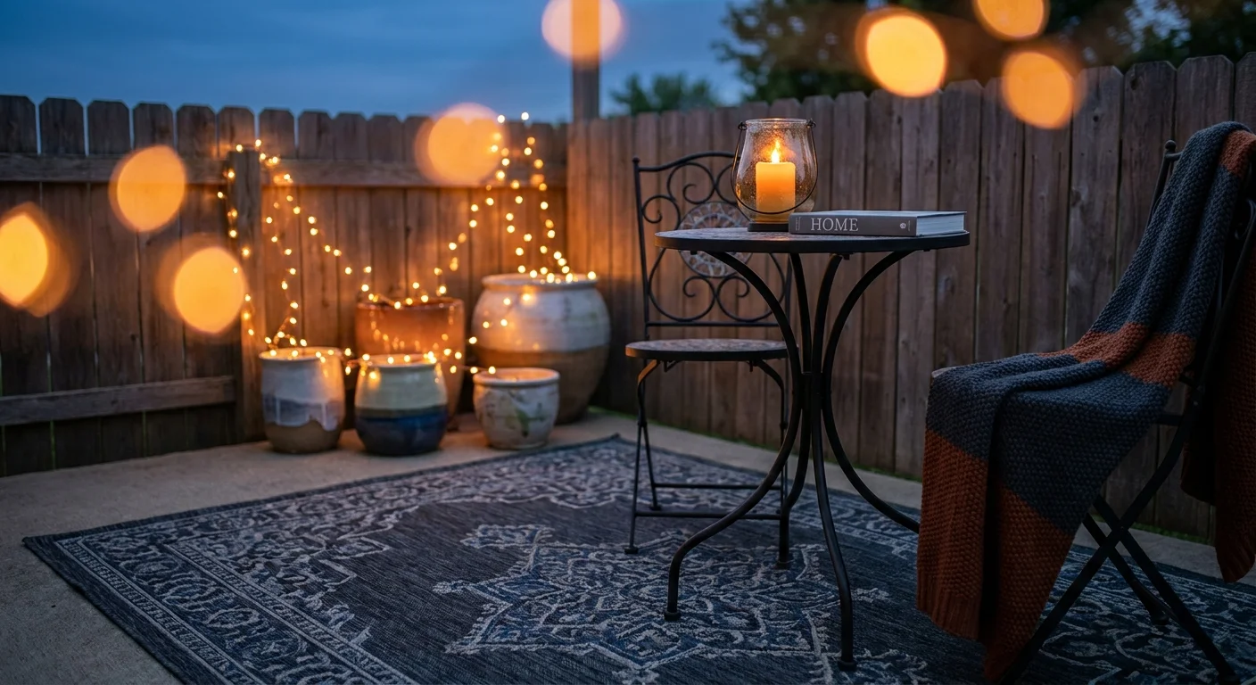 A cozy patio at night with string lights, an outdoor rug, and DIY planters creating a personal sanctuary.