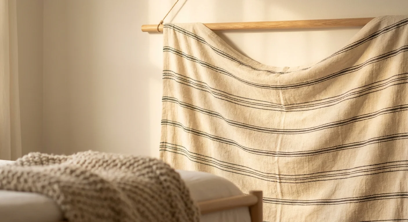A cream linen tapestry with black stripes hanging from a wooden dowel in a cozy bedroom.
