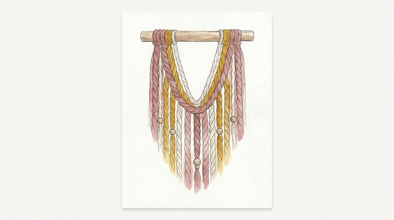 A delicate watercolor illustration of a wall hanging made from chunky pink, yellow, and cream yarn on a wooden dowel.