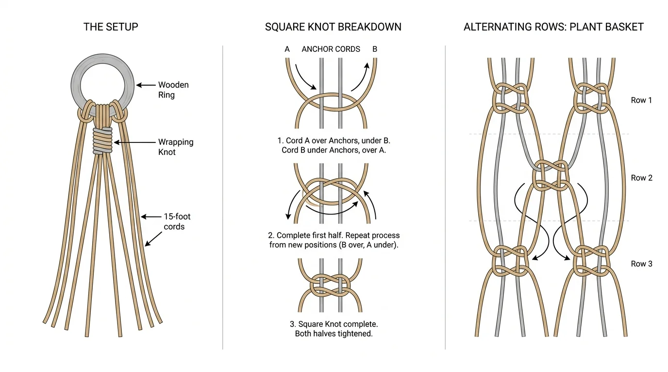 A diagram illustrating how to tie a macrame square knot and the initial setup with 15-foot cords.