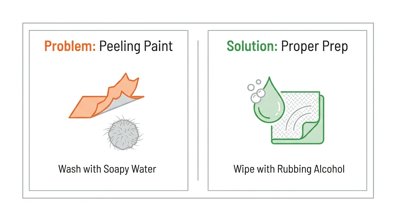 A diagram showing common DIY mistakes like peeling paint and their solutions, such as cleaning surfaces properly.
