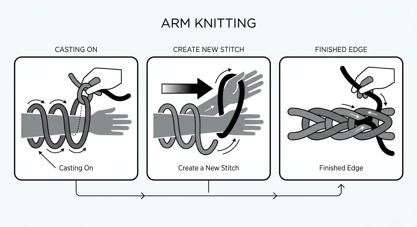 A diagram showing how to cast on and pull yarn through loops using your arms as knitting needles.