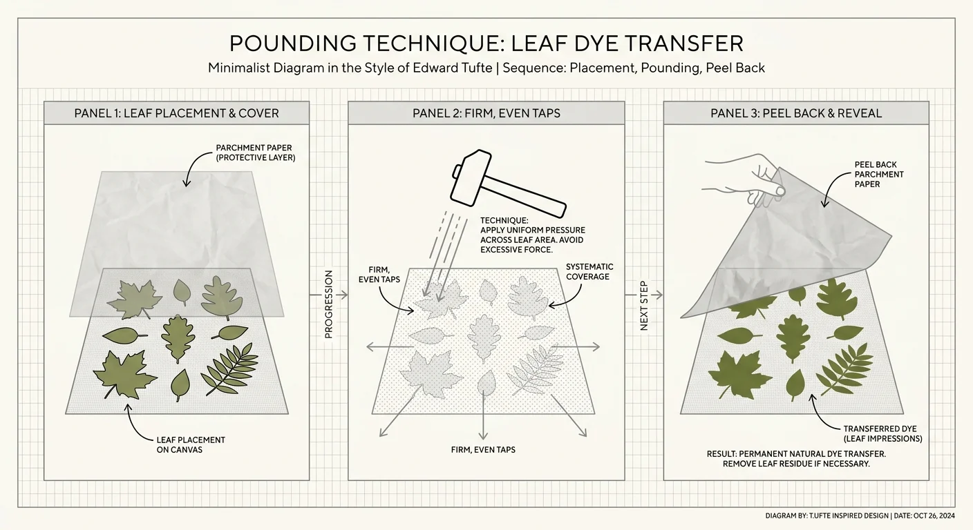 A diagram showing how to place leaves on canvas and use a hammer to transfer their natural pigments.