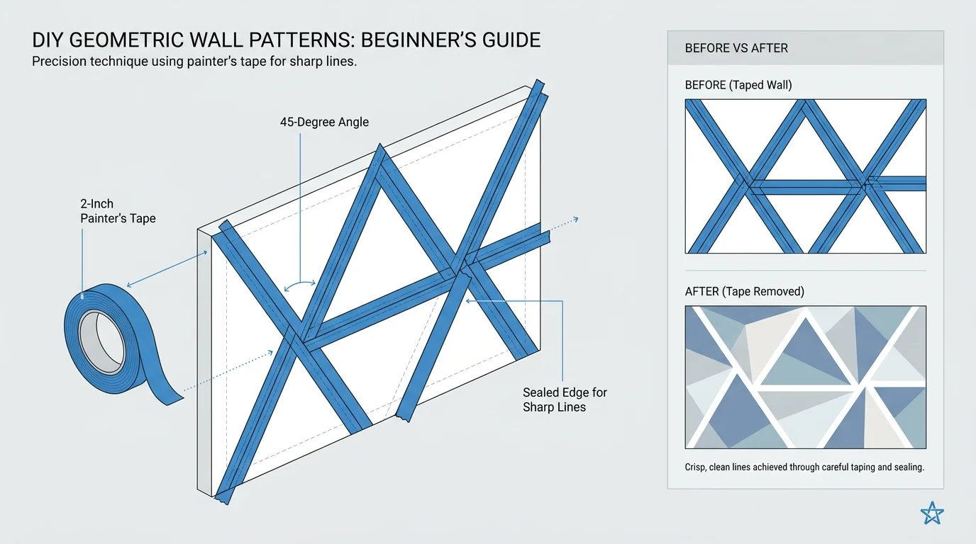A diagram showing how to use painter's tape to create sharp geometric wall designs.