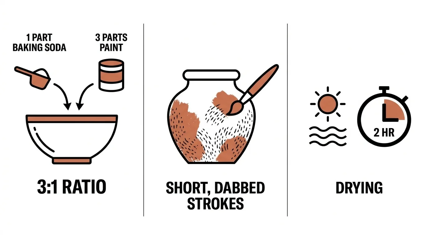 A diagram showing the 3-to-1 ratio of paint to baking soda and the dabbing technique for application.