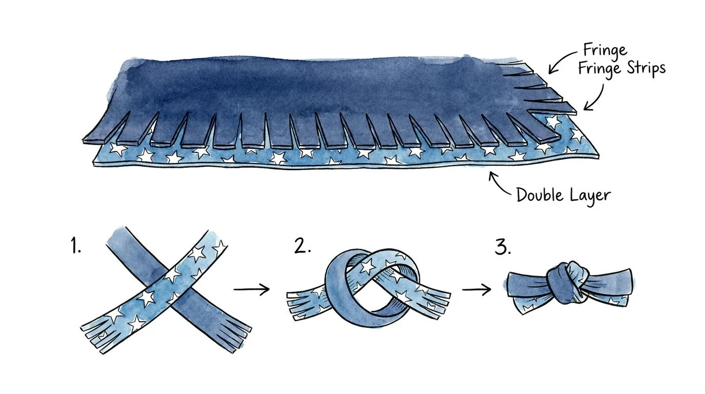 A diagrammatic ink sketch showing how to tie the fringe edges of two fleece layers together for a no-sew blanket.