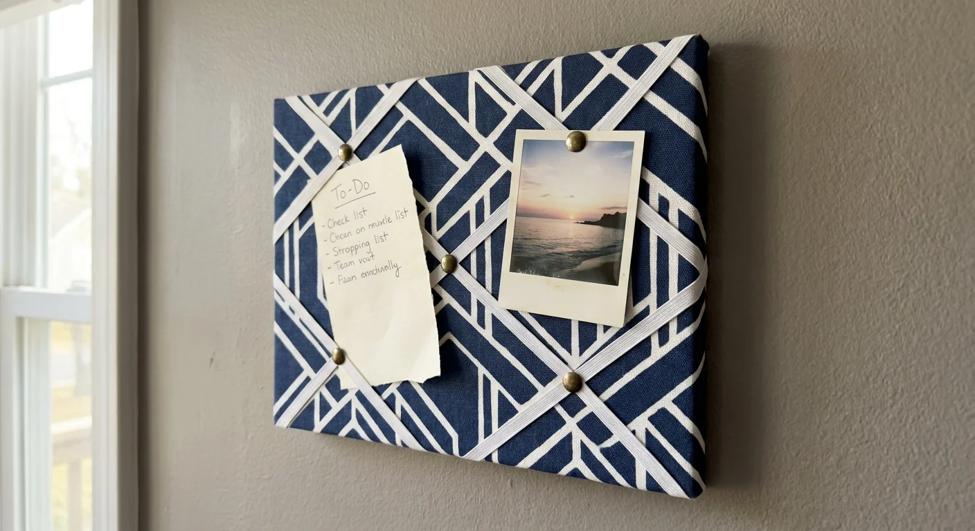 A fabric-covered notice board with elastic ribbons holding a handwritten list and a photo.