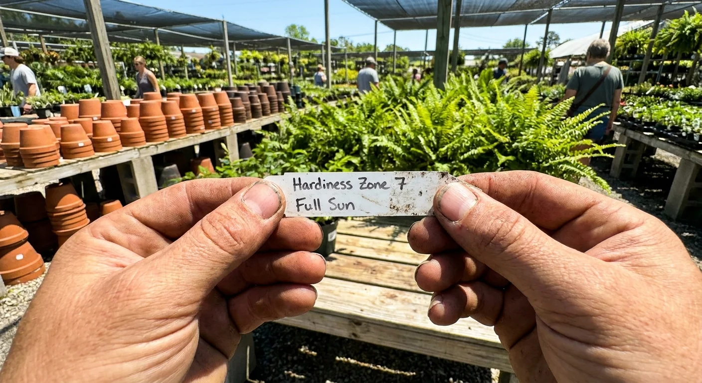 A first-person view of a person holding a plant tag at a nursery, checking for sunlight requirements.