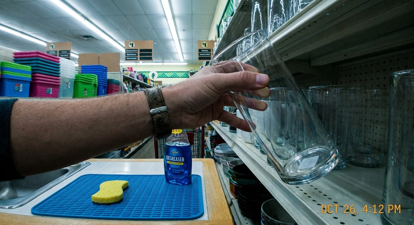 A first-person view of someone picking out a glass vase from a store shelf, with cleaning supplies ready in the foreground.