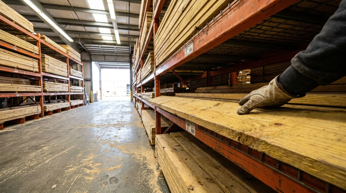 A first-person view of someone selecting pine boards in a hardware store lumber yard.