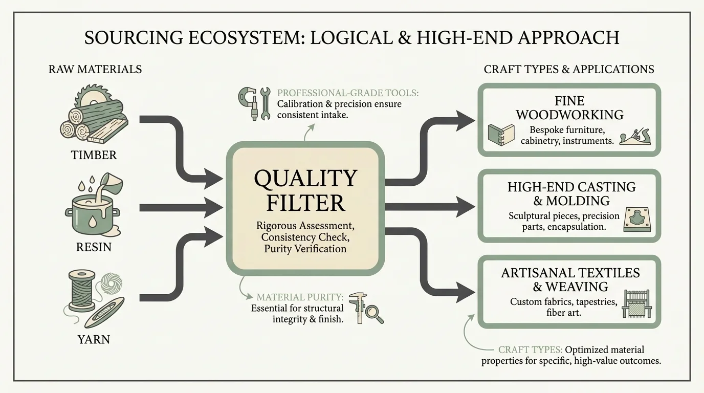 A flow diagram illustrating the process of sourcing high-quality materials for artisanal crafts.