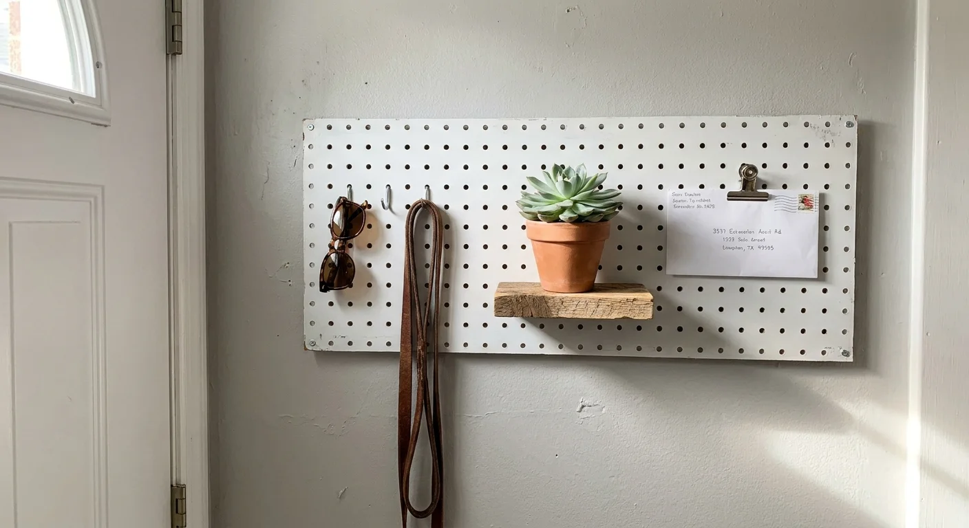 A functional and stylish pegboard organizer mounted in a bright home entryway.