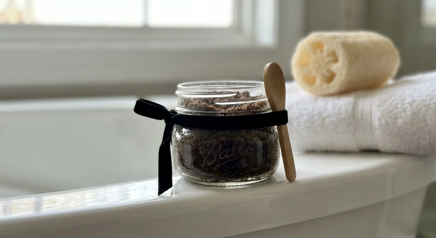 A glass jar of dark coffee scrub with a black ribbon and a wooden spoon sitting on a bathtub ledge.