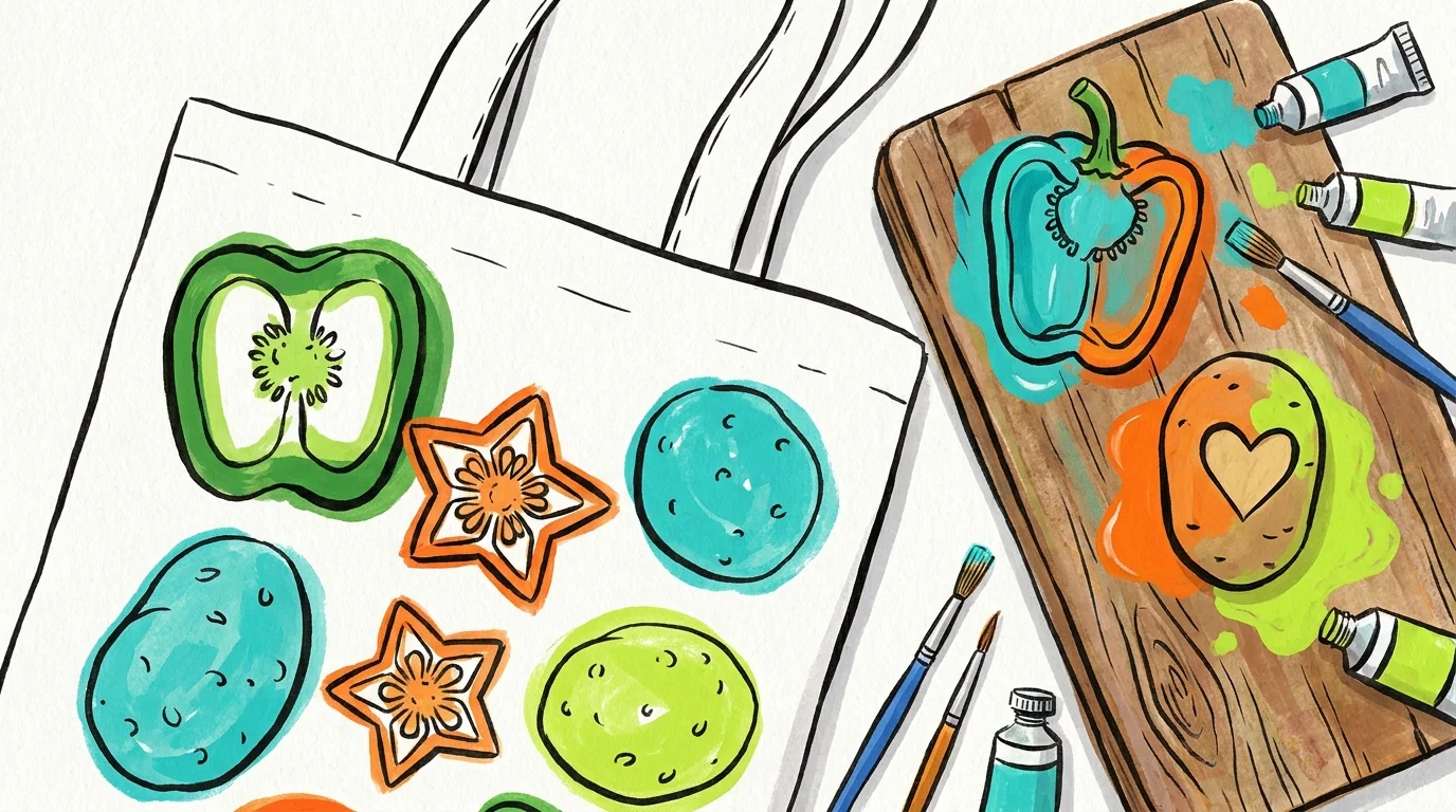 A gouache illustration of a canvas bag being decorated with colorful paint stamps made from sliced vegetables.