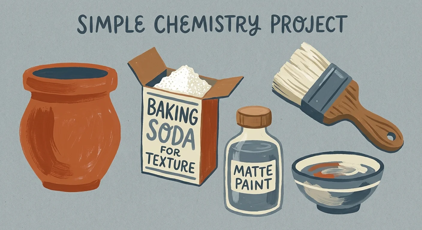 A gouache illustration of a terracotta pot, baking soda, acrylic paint, and a paintbrush.