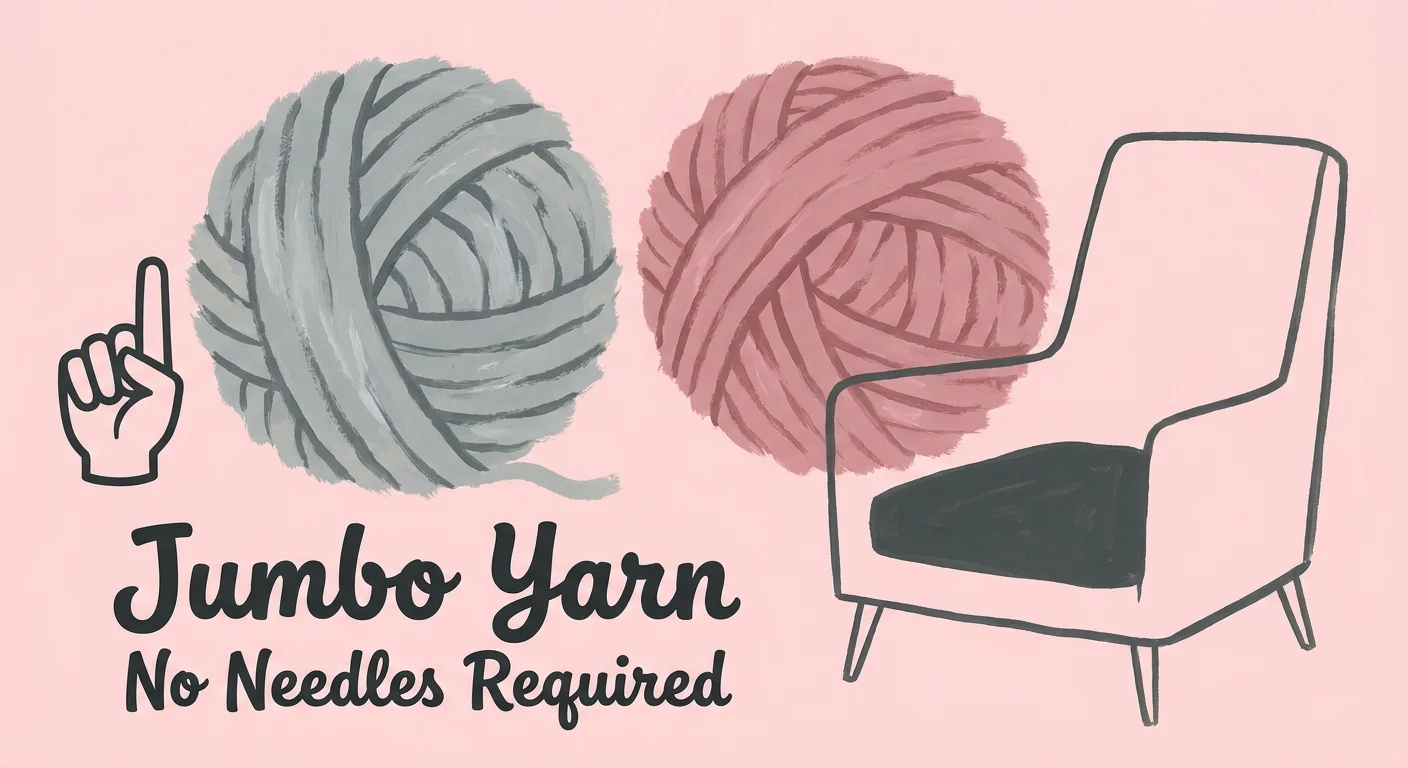 A gouache illustration showing oversized balls of jumbo grey yarn against a pink background.