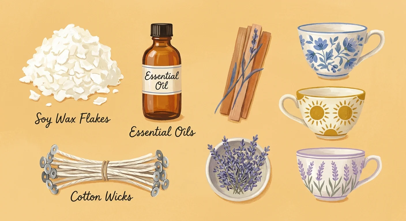 A gouache illustration showing soy wax flakes, essential oils, cotton wicks, and teacups for candle making.