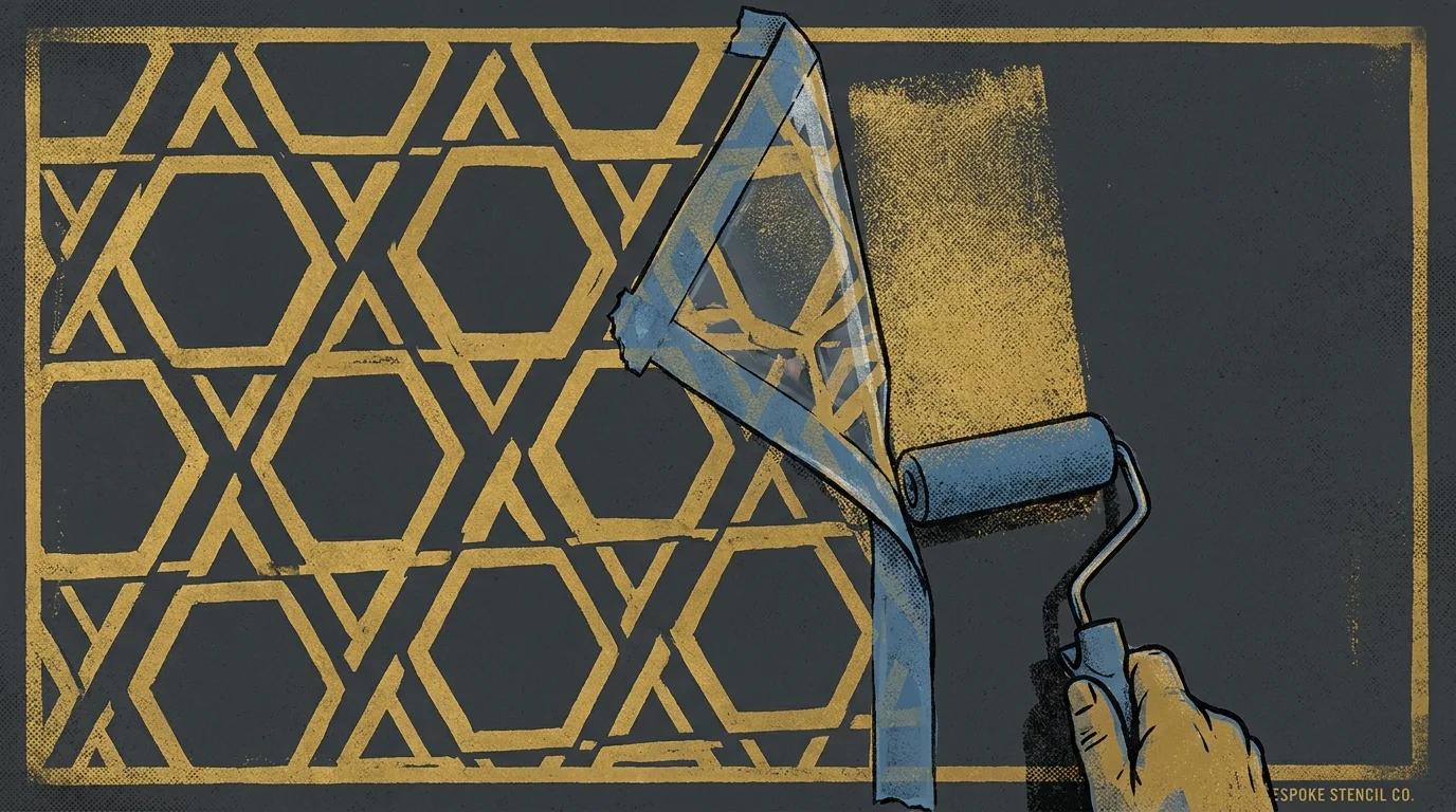 A graphic illustration of a gold geometric stencil being rolled onto a dark grey wall.