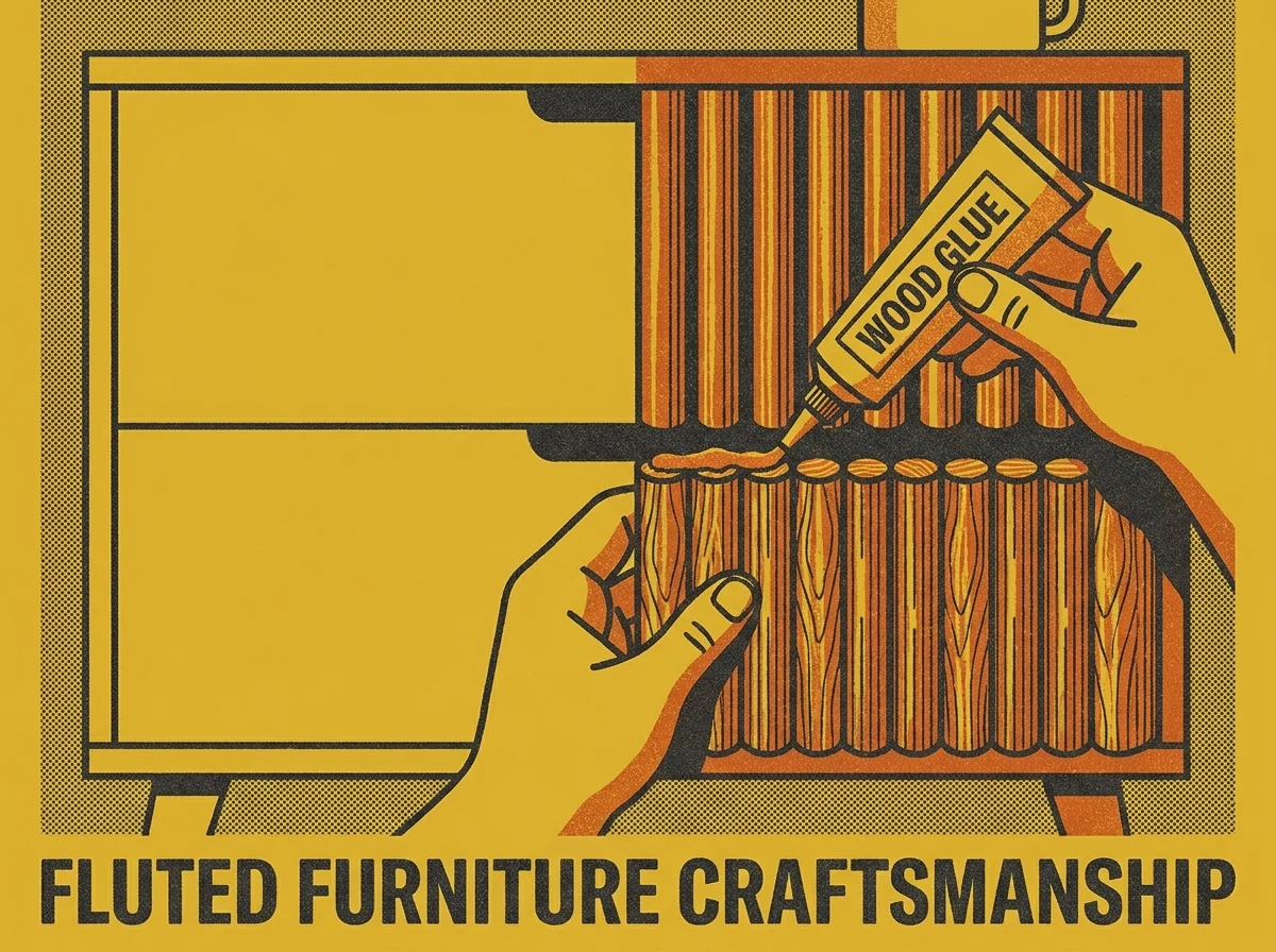 A graphic illustration showing wooden dowels being glued to a dresser to create a trendy fluted texture.