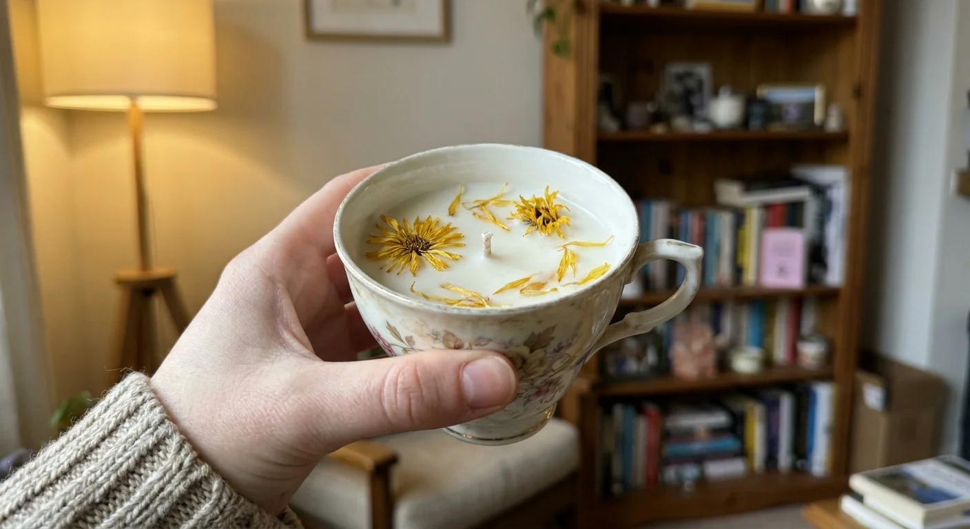 A hand holding a finished DIY candle made from a vintage floral teacup and soy wax with dried flower petals.
