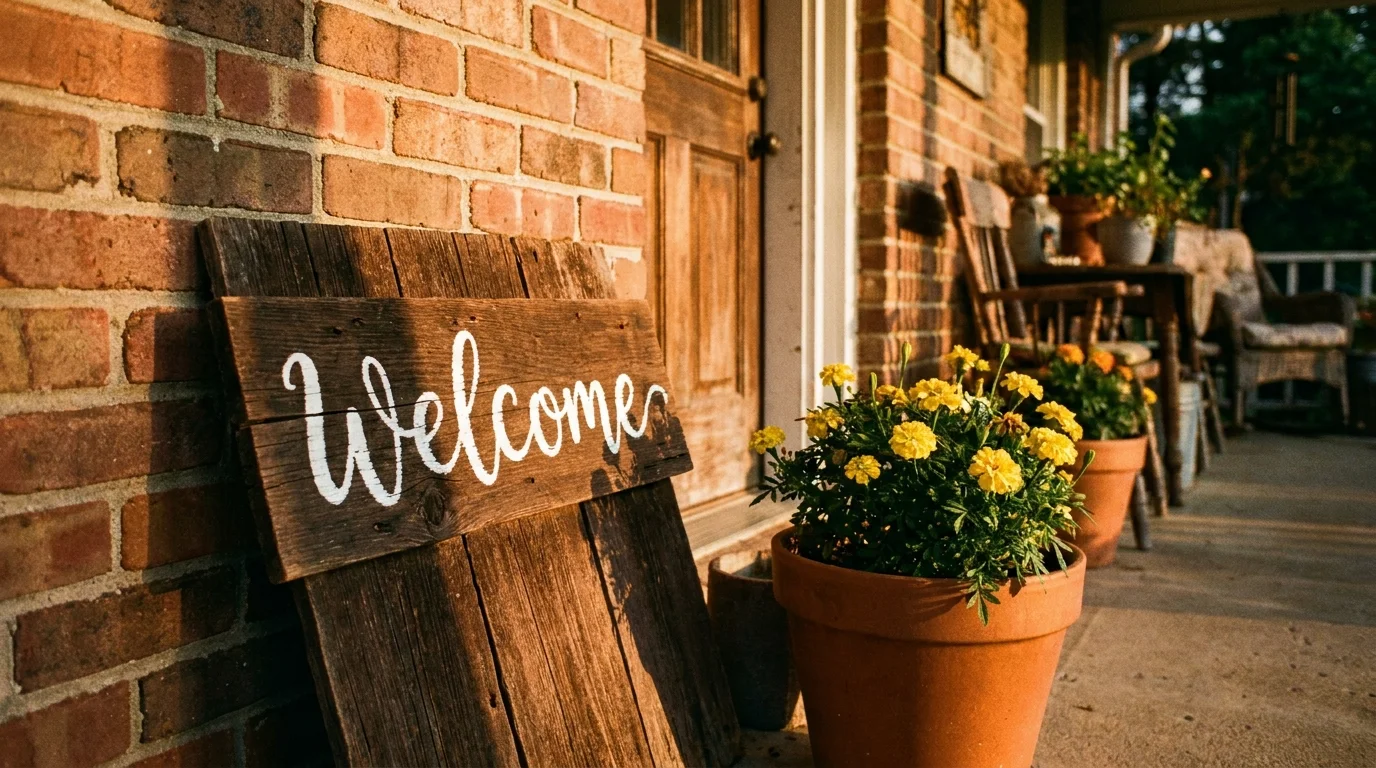A hand-painted wooden welcome sign leaning against a brick wall on a sunlit porch next to flowers.