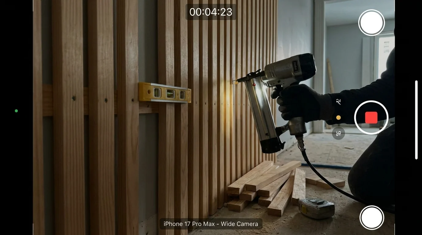 A hand using a brad nailer to install thin wood slats onto a wall, with a level nearby.