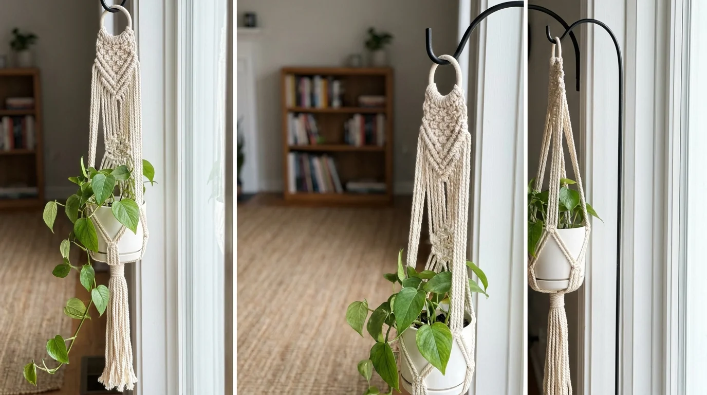 A handmade cream cotton macrame plant hanger holding a green leafy plant in a bright window.