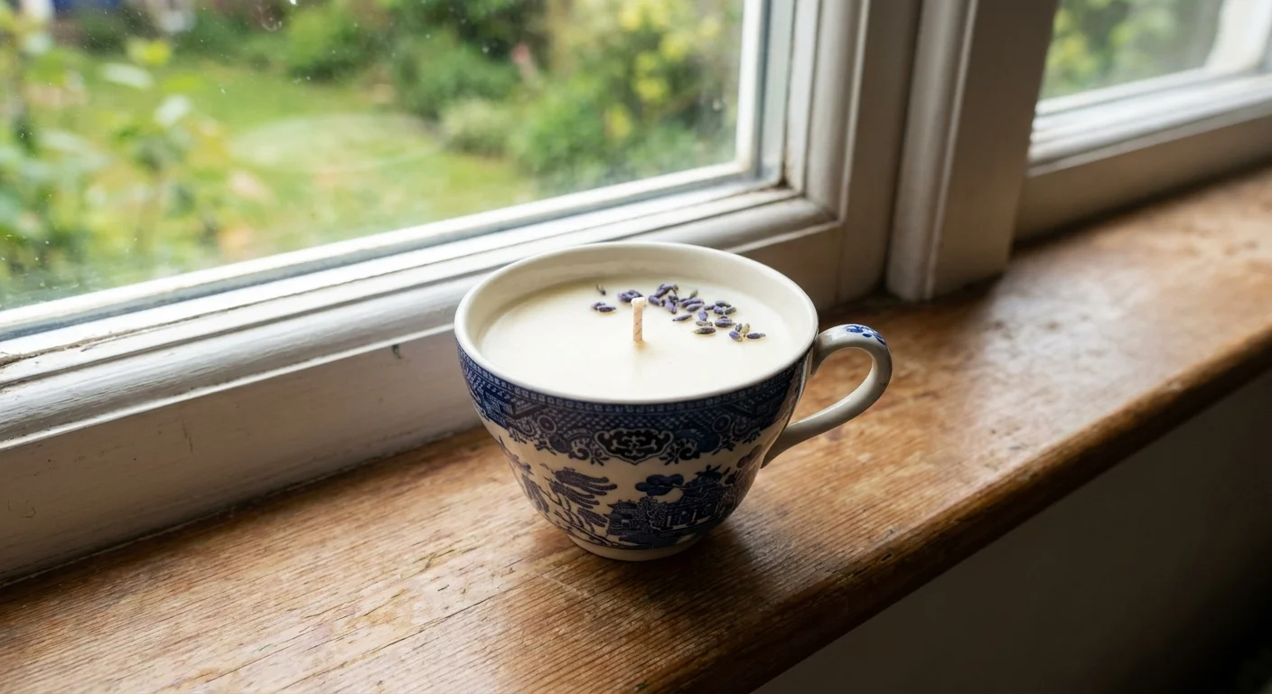 A handmade soy candle in a blue and white patterned teacup, topped with dried lavender, sitting on a wooden windowsill.