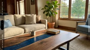 A high-end walnut and blue resin river table serves as the centerpiece of a sunlit, modern living room.