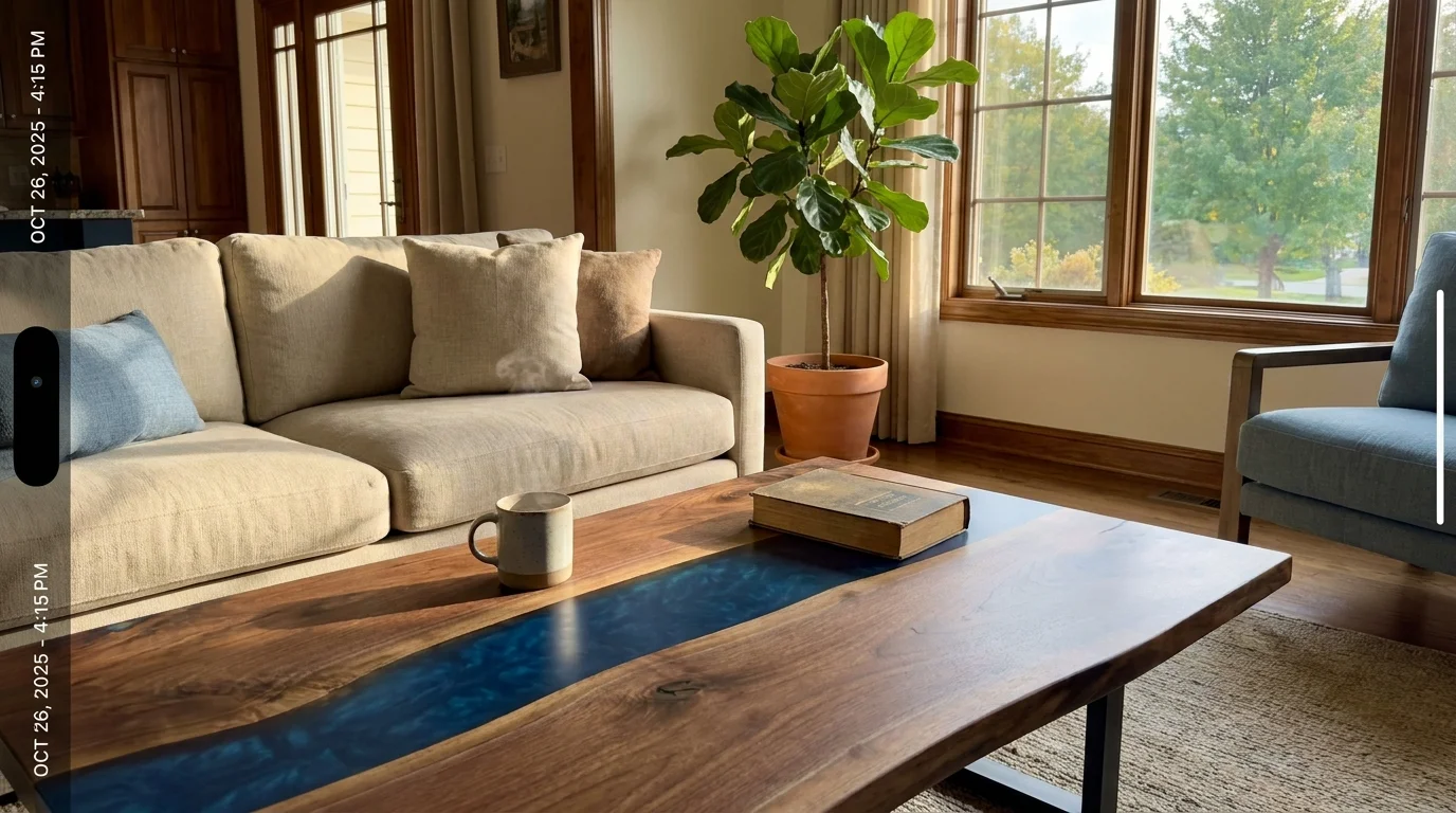A high-end walnut and blue resin river table serves as the centerpiece of a sunlit, modern living room.