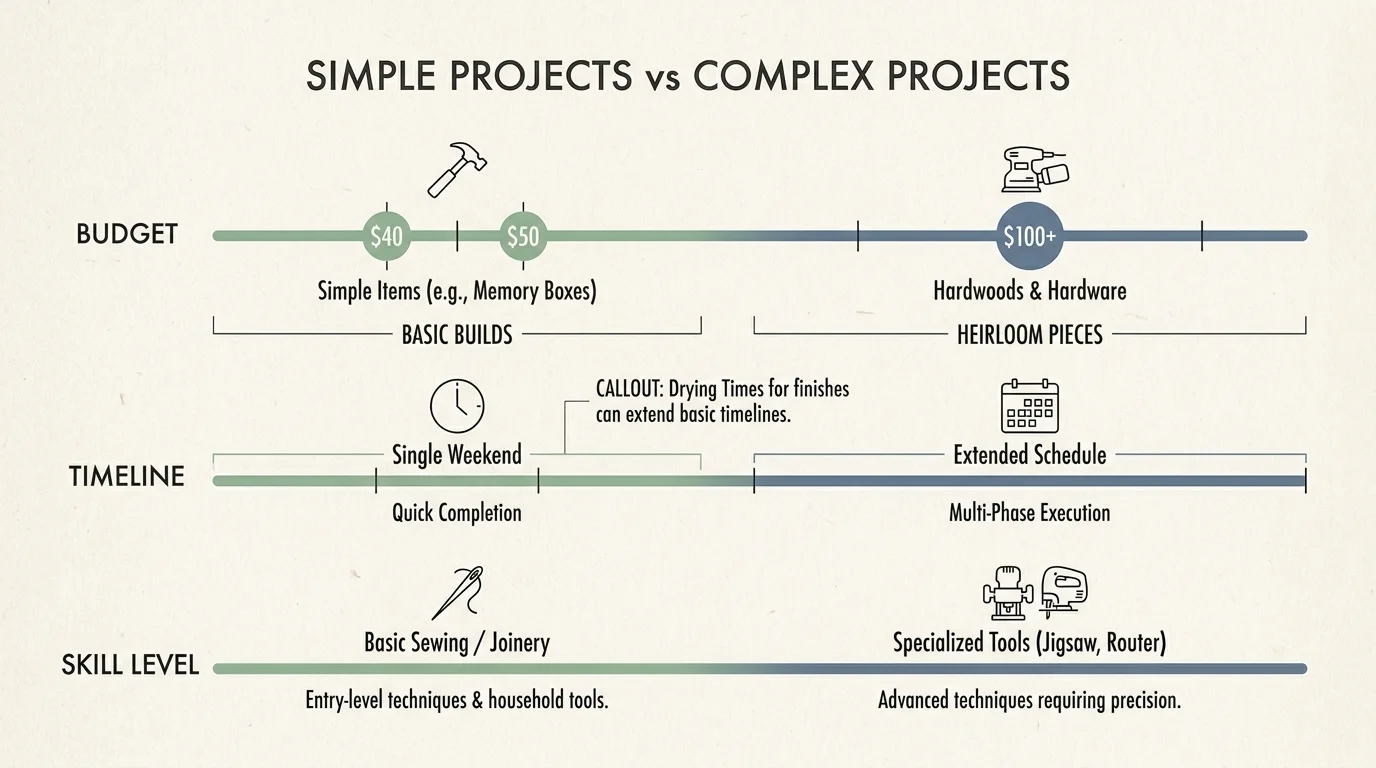 A horizontal diagram comparing budget, timeline, and skill requirements for simple and complex DIY gift projects.