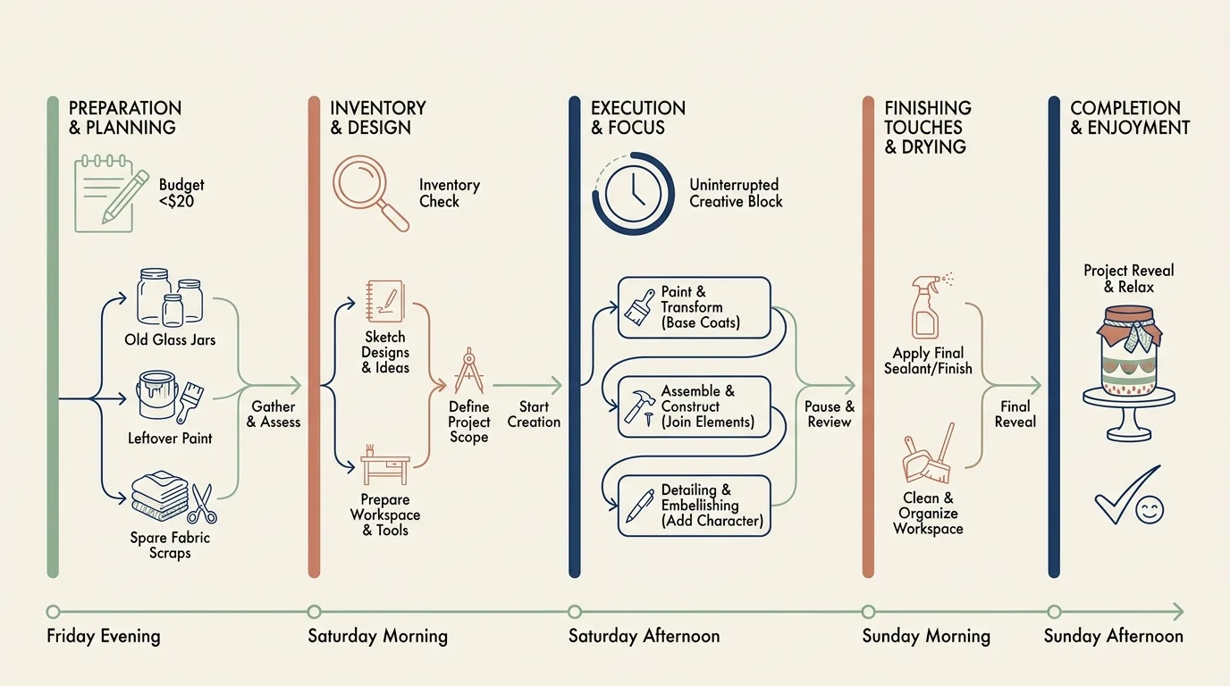 A horizontal diagram showing a weekend timeline for DIY projects, including budgeting under twenty dollars and gathering materials.