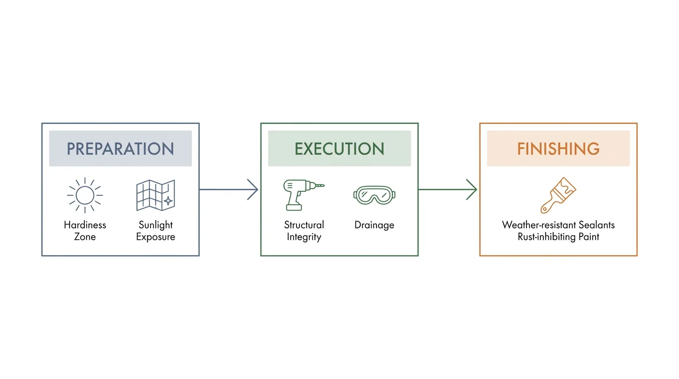 A horizontal diagram showing the three steps of garden crafts: Preparation, Execution, and Finishing.