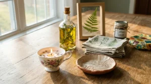 A horizontal flat lay of handmade gifts including a teacup candle, clay dish, infused oil, and botanical art on a sunny wooden table.