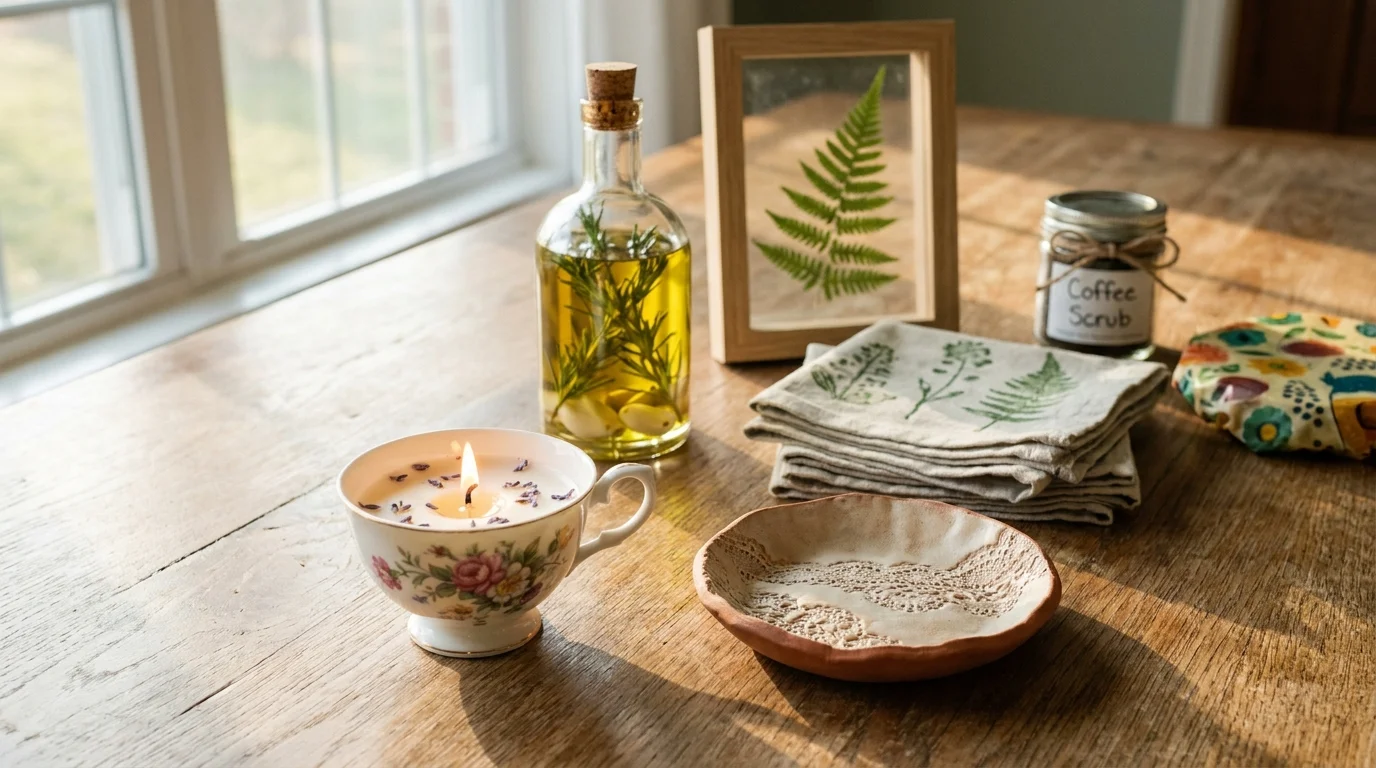 A horizontal flat lay of handmade gifts including a teacup candle, clay dish, infused oil, and botanical art on a sunny wooden table.