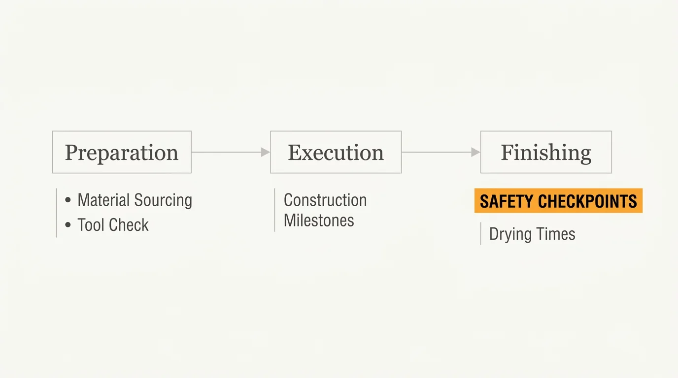 A horizontal flowchart outlining the three stages of a DIY project: Preparation, Execution, and Finishing.