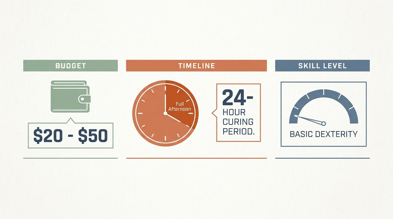 A horizontal infographic showing a $20 to $50 budget, a full afternoon timeline, and a 24-hour drying period for DIY projects.
