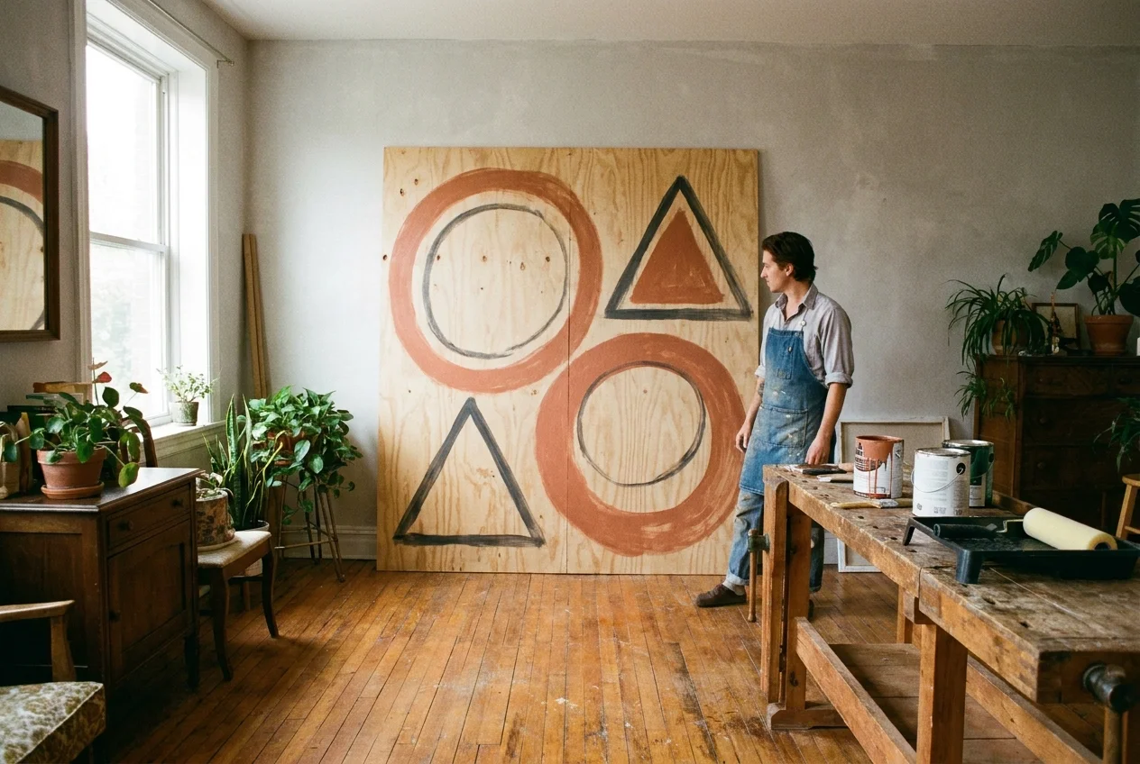 A large, hand-painted geometric plywood art piece leaning against a wall in a bright room.