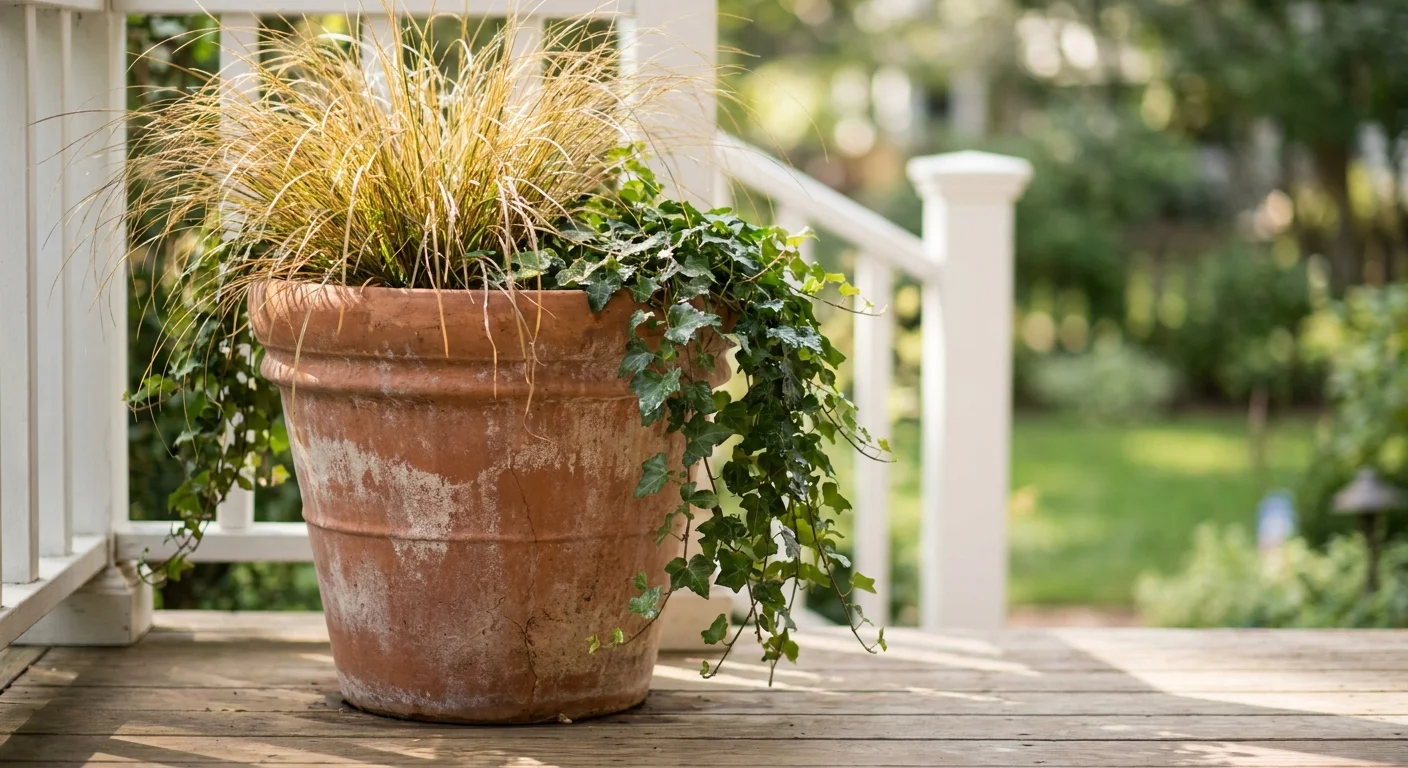 A large, weathered terra cotta planter filled with ornamental grasses and ivy on a porch.