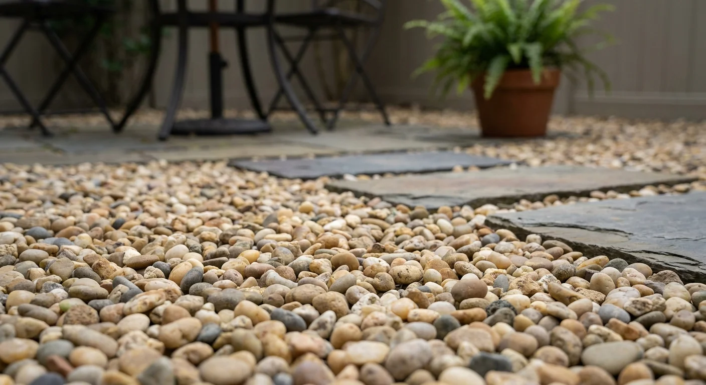 A low-angle view of a pea gravel courtyard with large slate stepping stones and a bistro set.