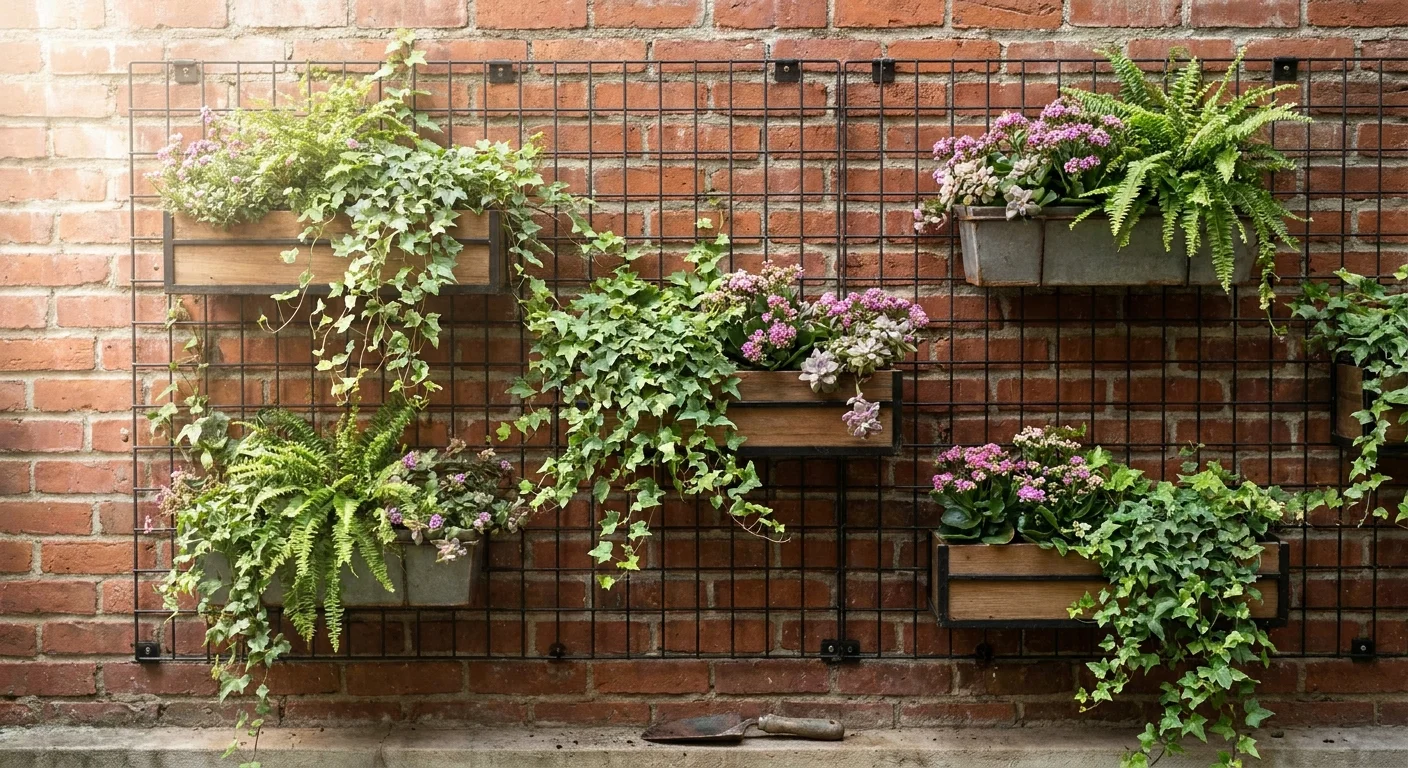 A lush vertical garden with planter boxes hanging on a wire mesh grid against a brick wall.