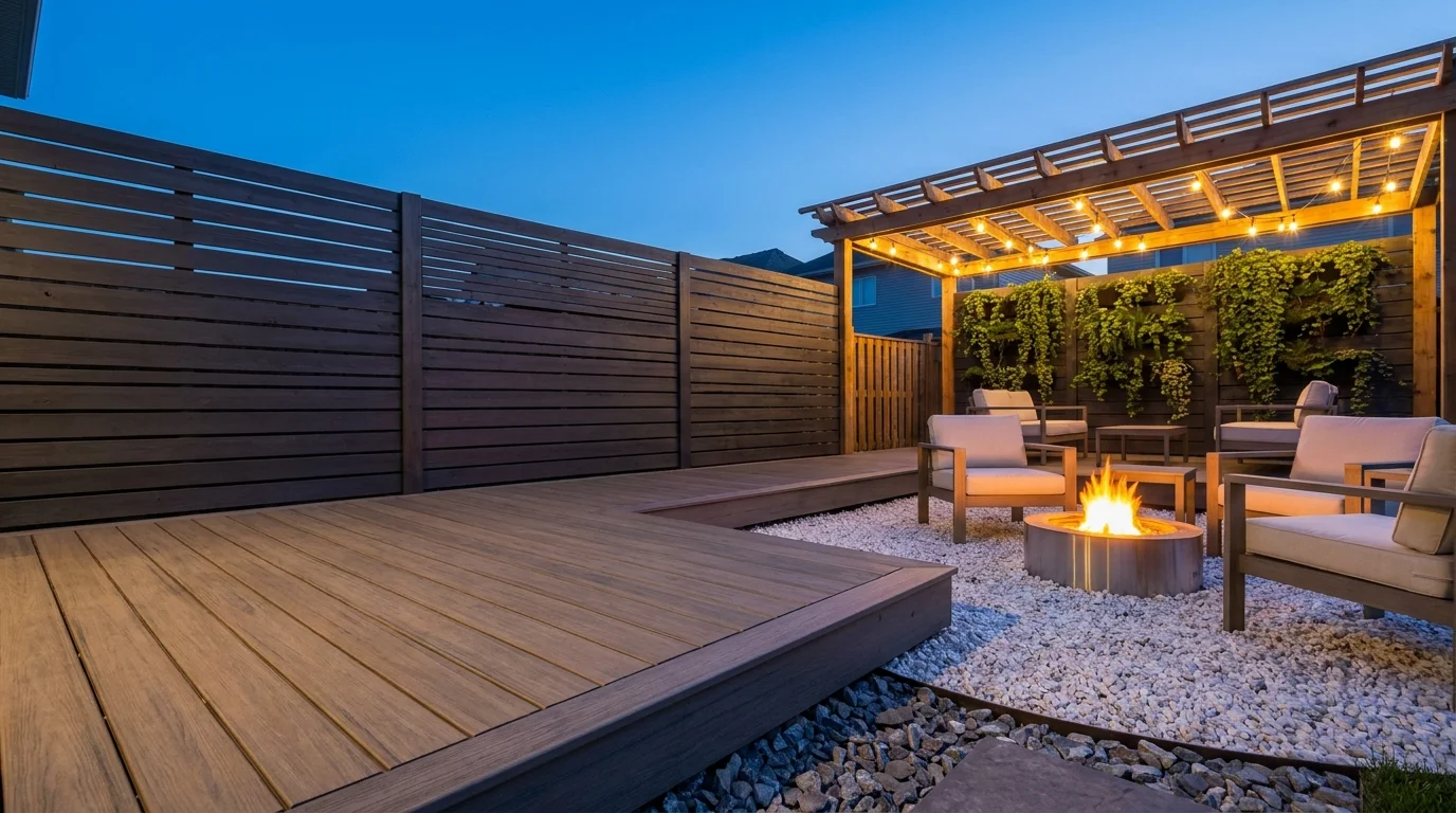 A luxurious DIY backyard patio at dusk featuring a floating deck, a modern fire pit with white gravel, and a lit pergola.