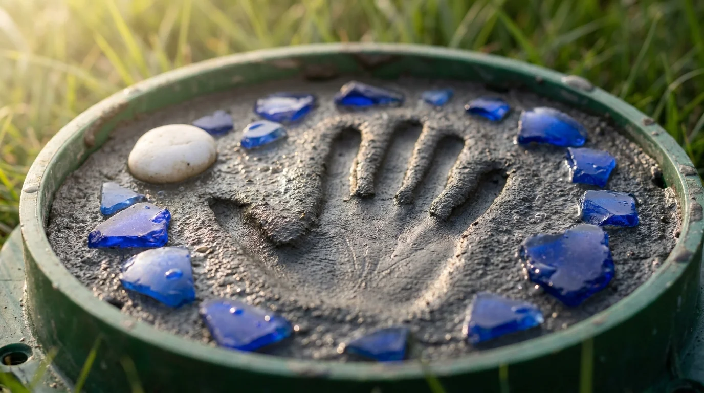 A macro photograph of a child's handprint and blue sea glass embedded in a wet concrete garden stone.
