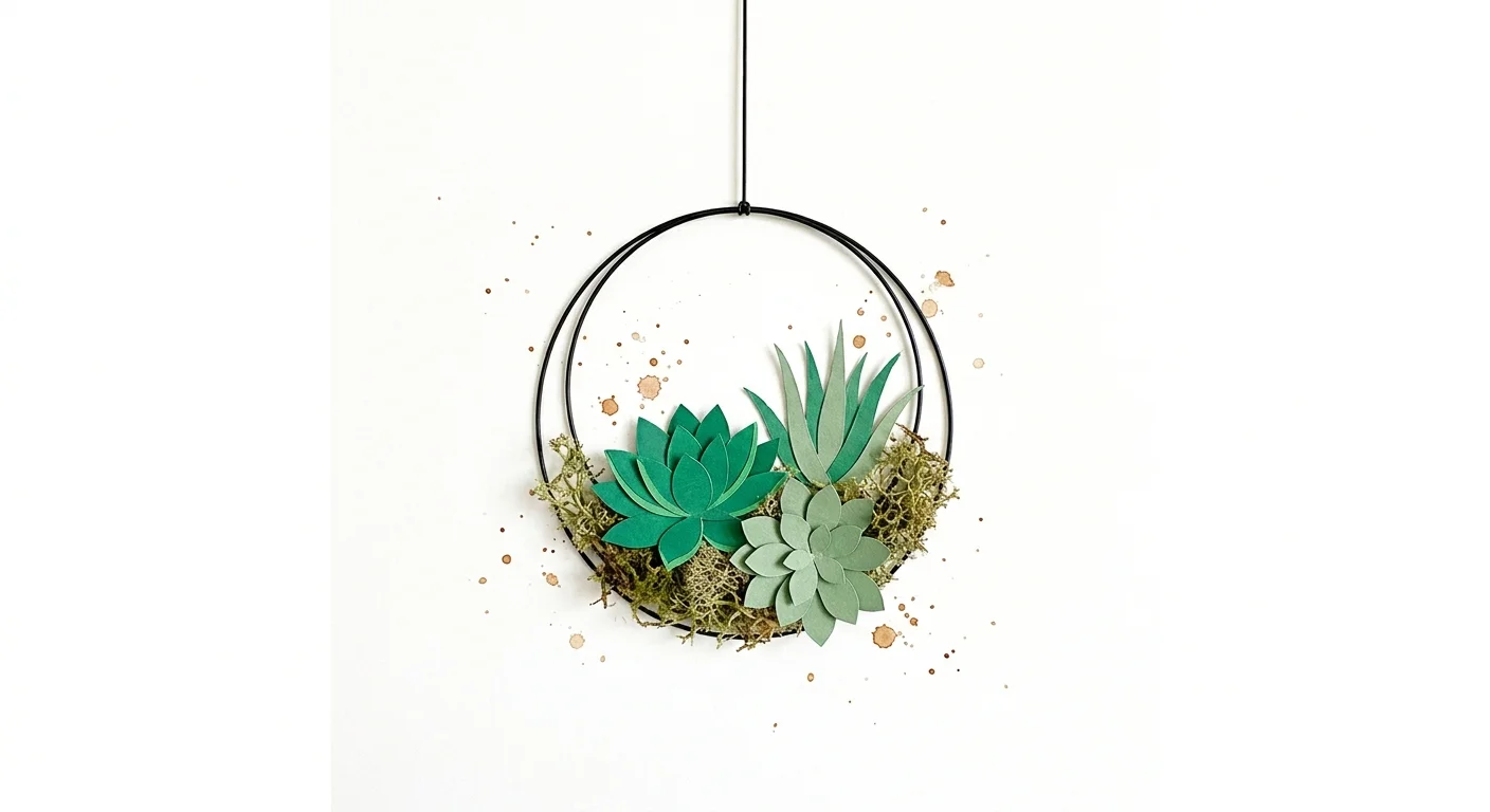 A minimalist collage of a wire circle containing green paper succulents and real moss.