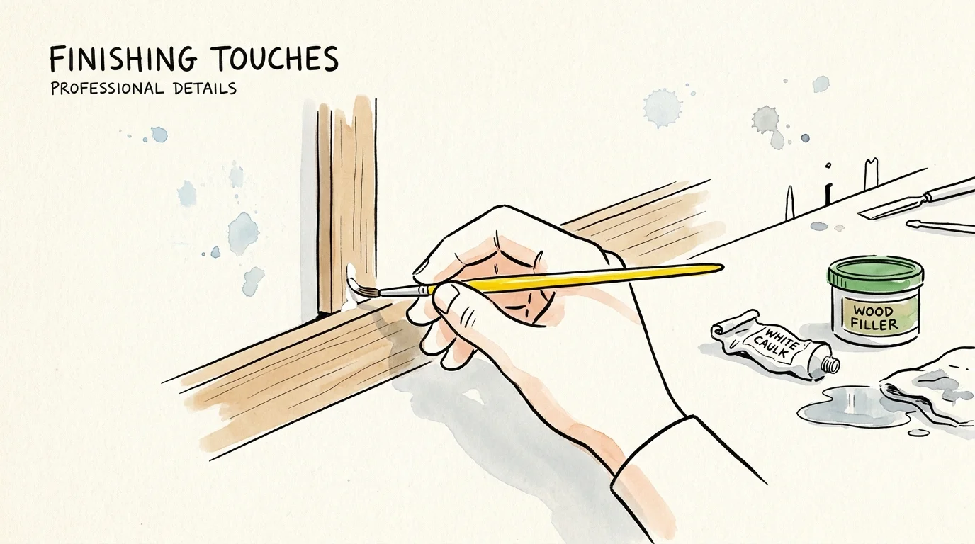 A minimalist illustration of a hand doing fine paint touch-ups on a wall joint.
