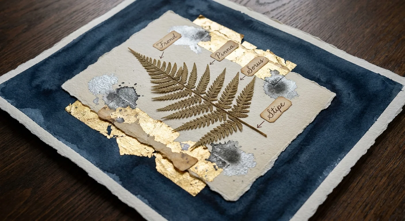 A mixed-media collage of a pressed fern leaf inside an antiqued gold-textured frame.