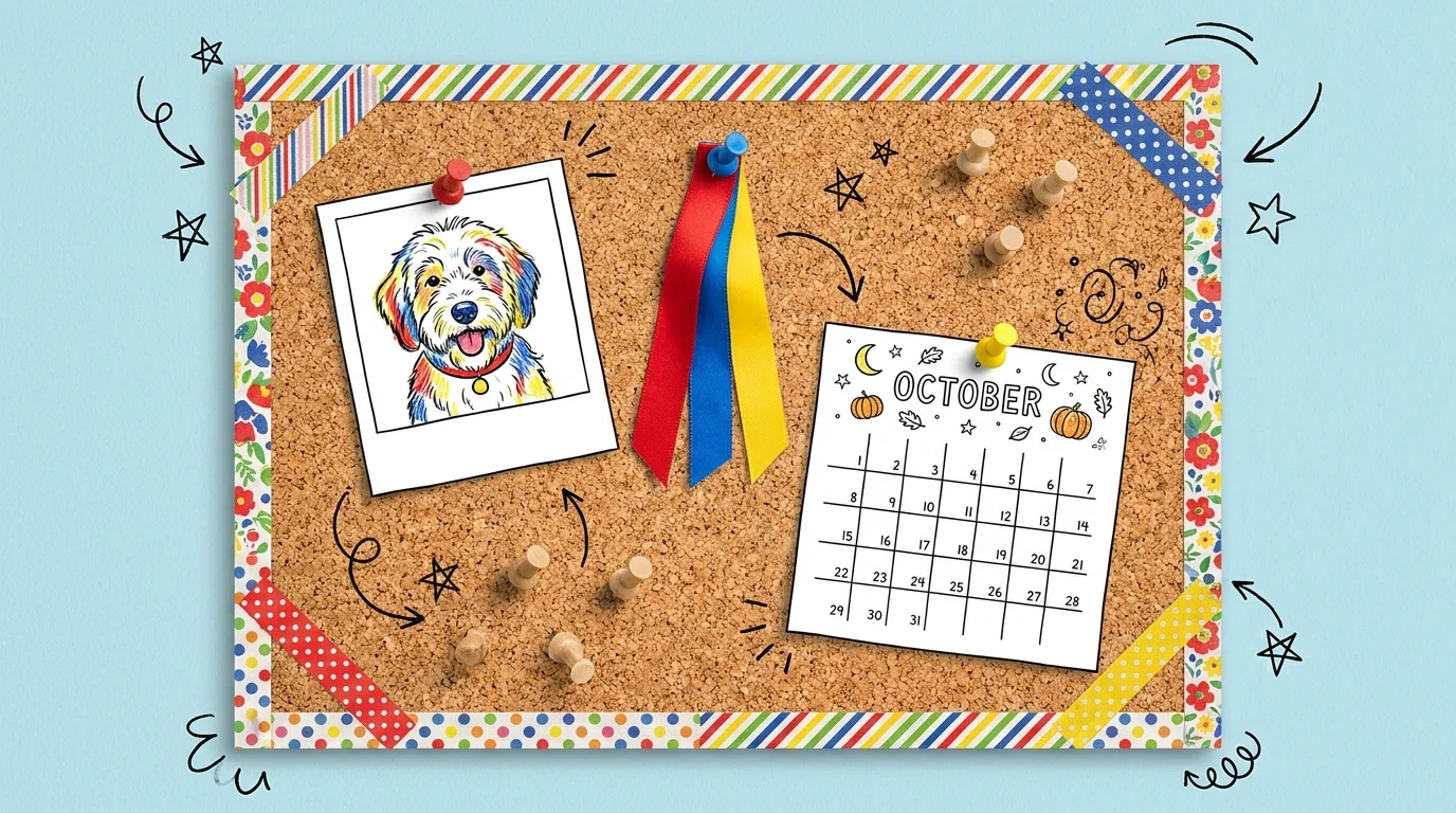 A mixed-media illustration of a decorated corkboard with photos, ribbons, and hand-drawn notes pinned to it.